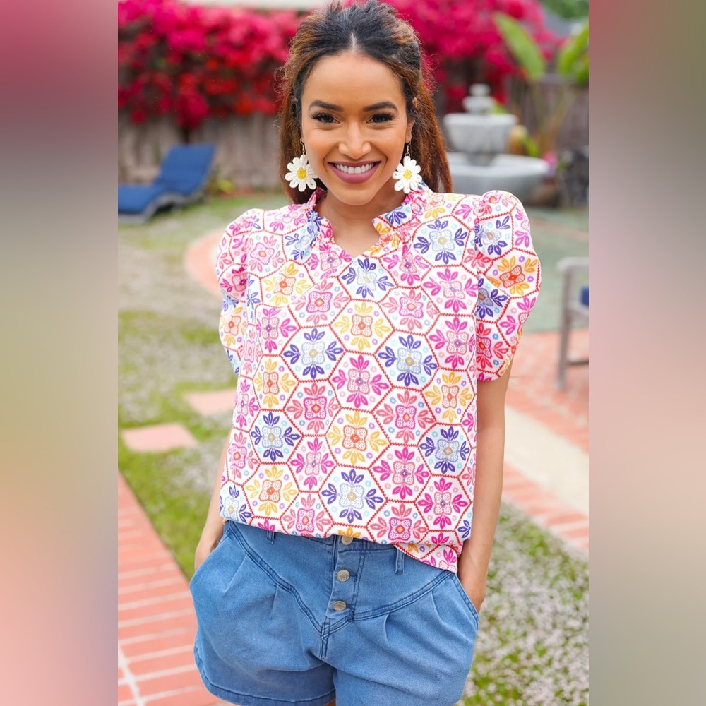 Beautiful You Ivory Floral Lace Frill Notch Neck Puff Sleeve Top